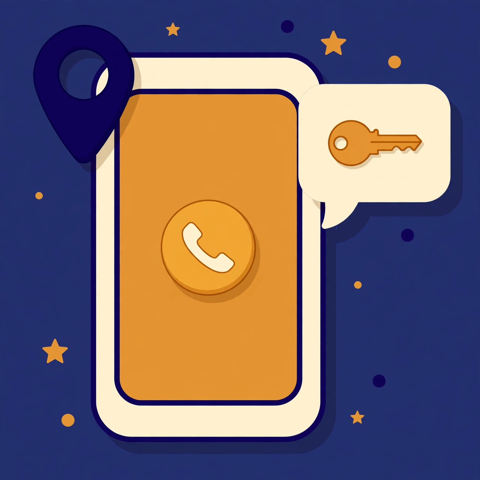 Friendly illustration of a phone with a call button, a map pin, and a key in a speech bubble